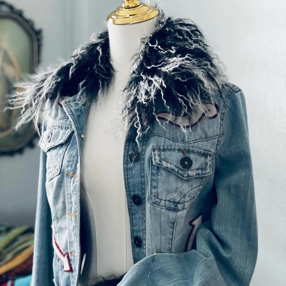 Chic Upcycled Denim Jacket with Mongolian Lamb Fur Collar and Cuffs with Cowhide - Picture 7 of 14